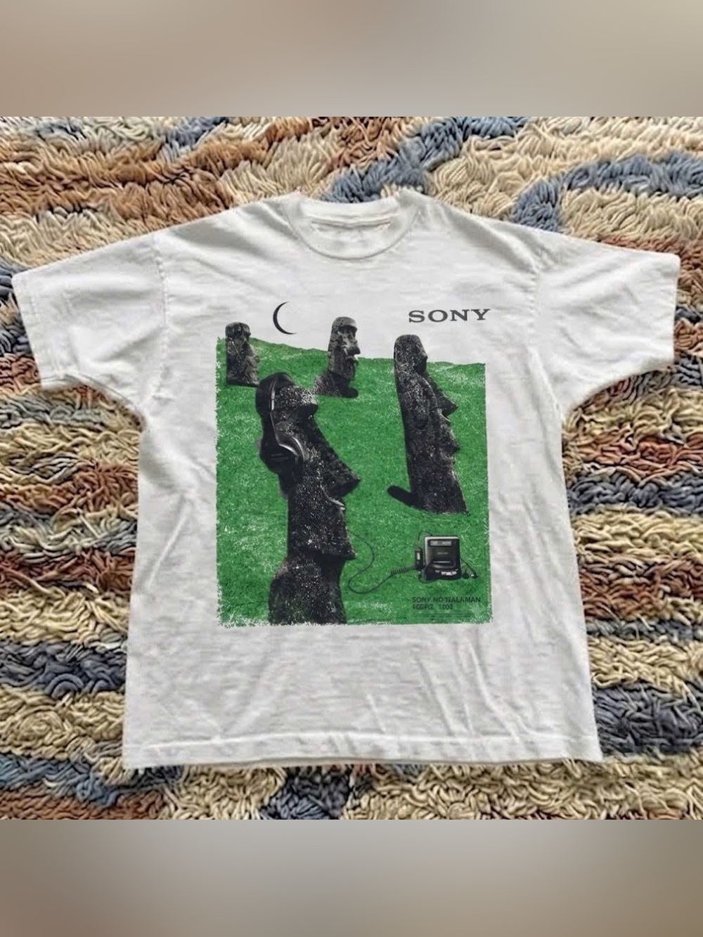 Vintage Sony White Tee with Green Square and Black Moai Silhouettes